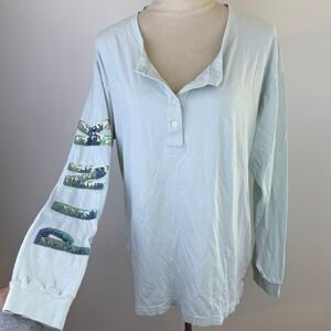 Victoria's Secret PINK Bling Henley Cotton Long Sleeve Sequin Top Light Blue LG